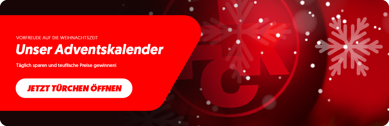 Roter Adventskalenderbanner mit Weihnachtskugel (rechts) und weißem Werbeschriftzug links