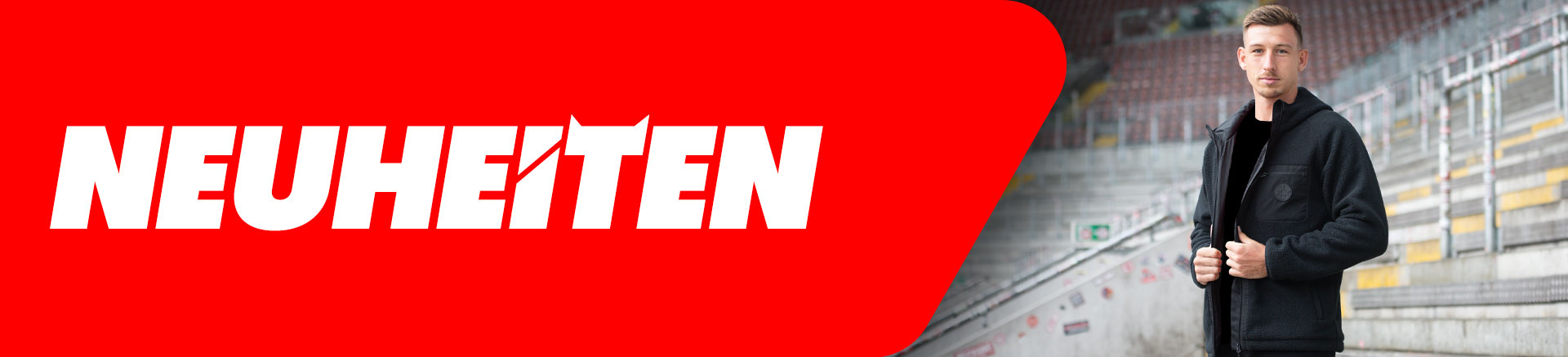 Banner mit weißem Schriftzug "Neuheiten" und einem Mann in schwarzem Hoodie
