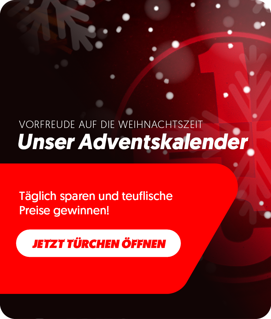 Roter Adventskalenderbanner mit weißem Werbeschriftzug für den Adventskalender